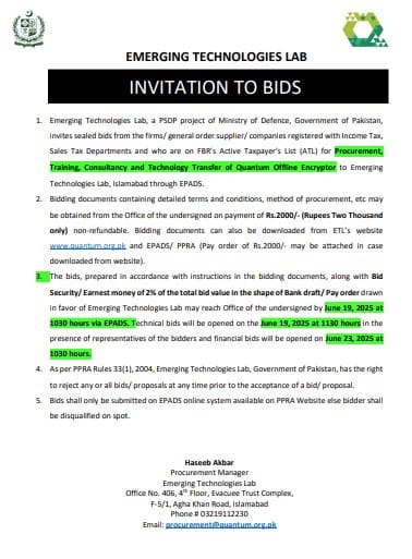 Procurement,
Training, Consultancy and Technology Transfer of Quantum Offline Encryptor