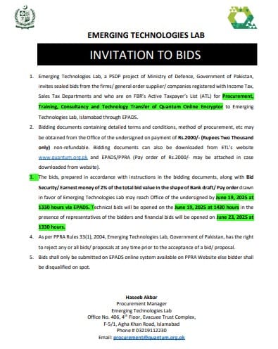 Procurement,
Training, Consultancy and Technology Transfer of Quantum Online Encryptor