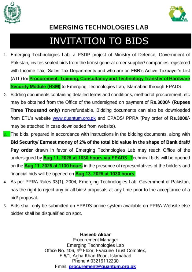 Procurement, Training, Consultancy and Technology Transfer of Hardware
Security Module (HSM)
